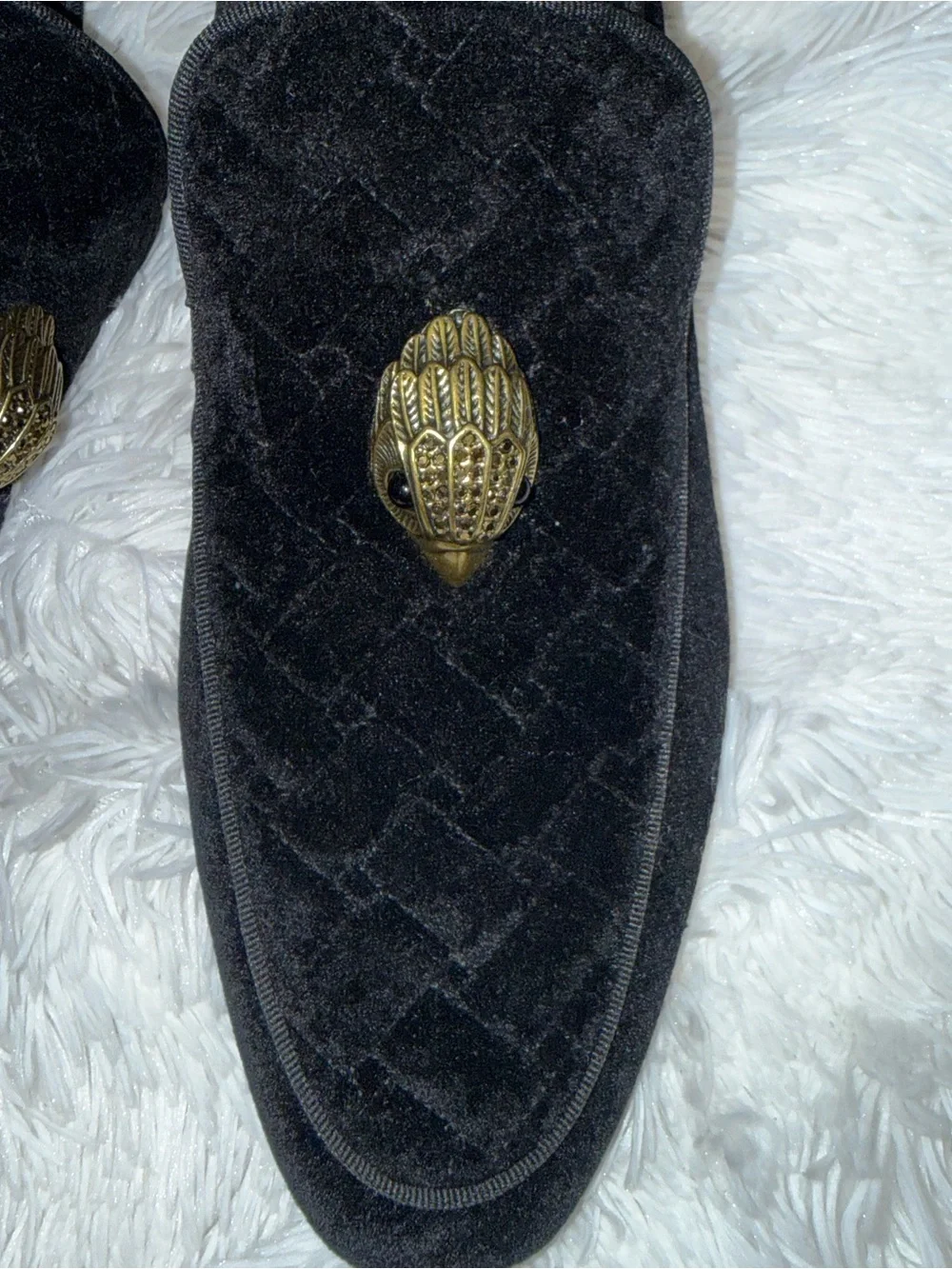 Kurt Geiger Men’s Black Quilted Velvet Loafers with Gold Emblem